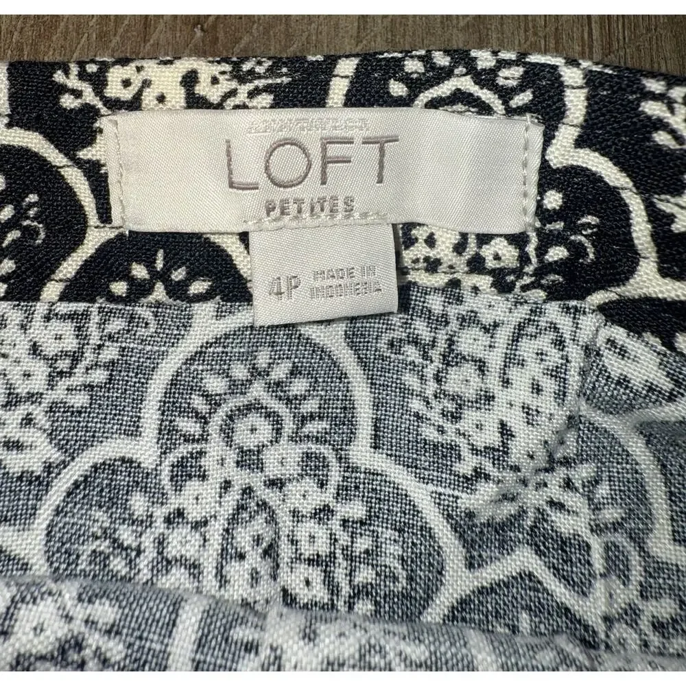 Ann Taylor LOFT Black Ivory Geometric Print Linen Blend Pleated Mini Skirt 4P